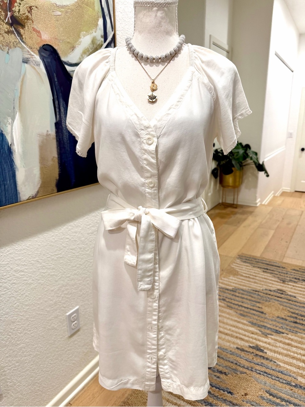 Anthropologie White Button-Front Mini Dress 100% Tencel XS